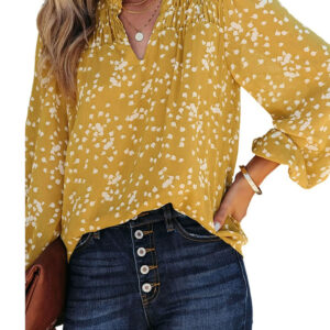 EVALESS Blouses for Women Long Sleeve V Neck Smocked Tops Casual Boho Floral Print Chiffon Blouse Shirts Yellow M