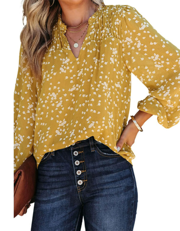 EVALESS Blouses for Women Long Sleeve V Neck Smocked Tops Casual Boho Floral Print Chiffon Blouse Shirts Yellow M