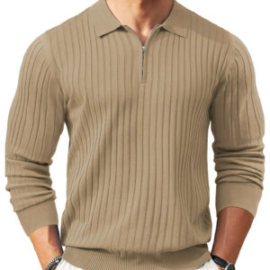 GENTS BLISS Polo Shirts for Men Casual Long Sleeve Mens Shirts Zipper Ribbed Knit Shirt