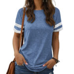 TEMOFON Women's Short Sleeve Shirts Summer Round Neck Tops Loose Fit Casual Striped Tee Cute T-Shirt Blue Tees 2024