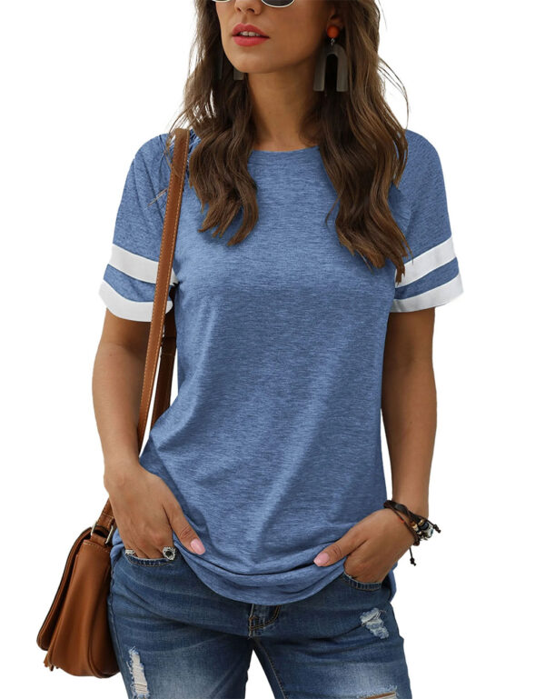 TEMOFON Women's Short Sleeve Shirts Summer Round Neck Tops Loose Fit Casual Striped Tee Cute T-Shirt Blue Tees 2024